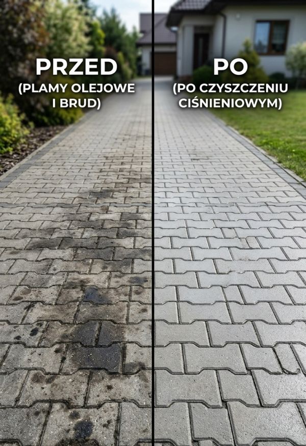 Stosujemy profesjonalne preparaty do mycia kostki brukowej, które skutecznie usuwają plamy